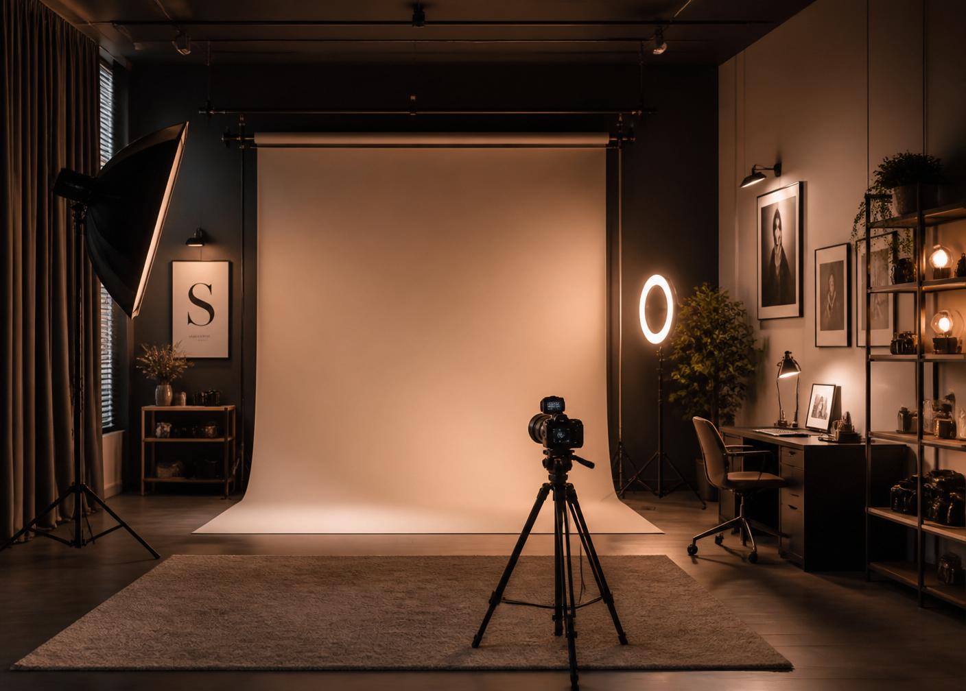 A professional photography studio with lighting equipment